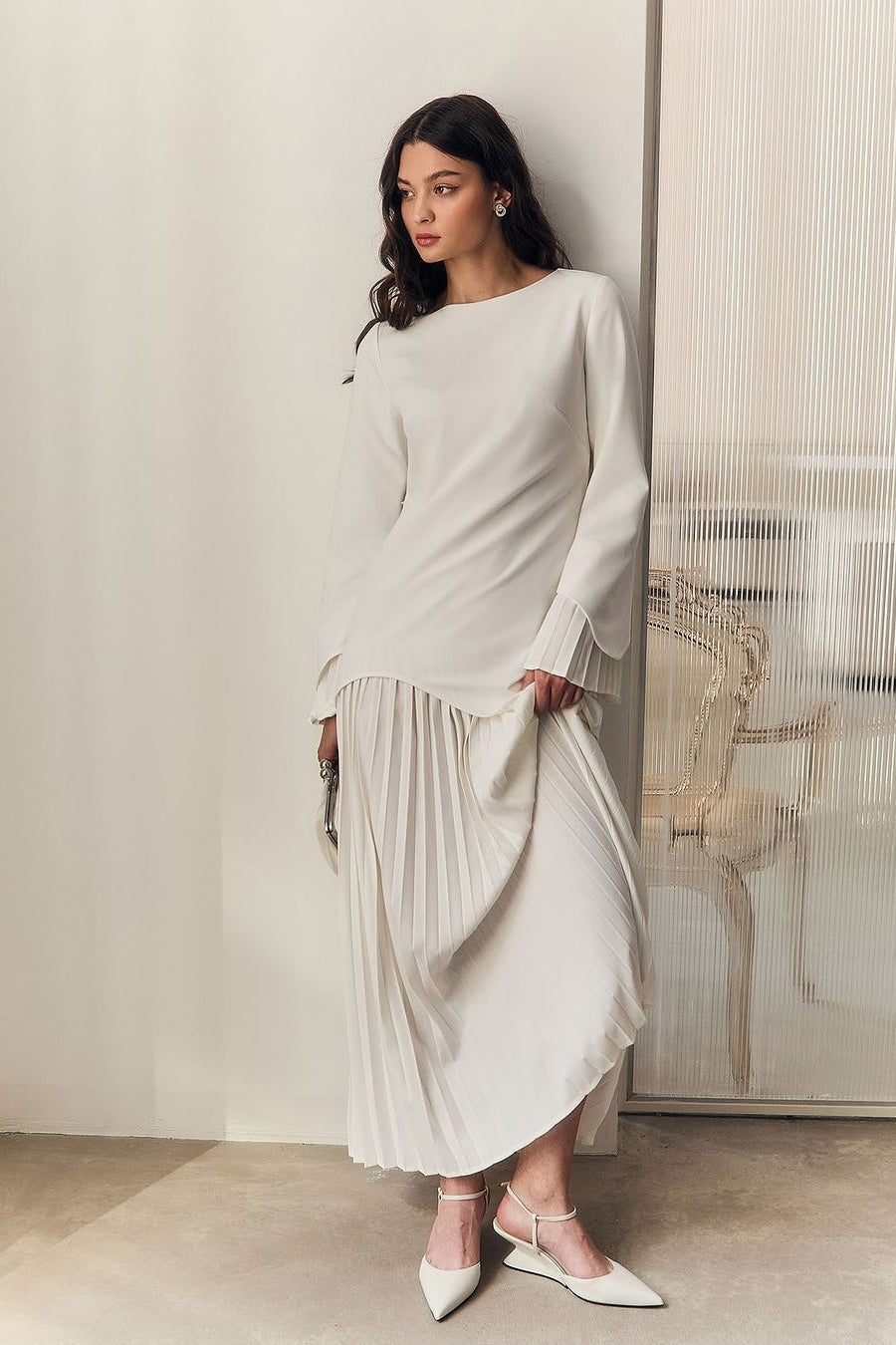 Maren Pleated Layer Midi Dress-Apricot