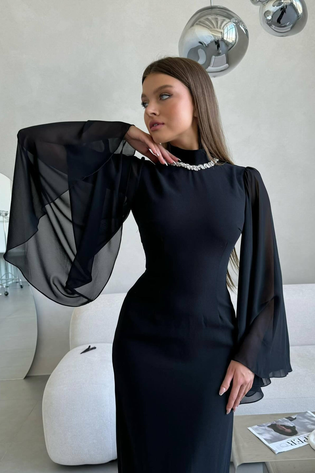 Clara Rhinestone Neck Flare Sleeve Midi Gown