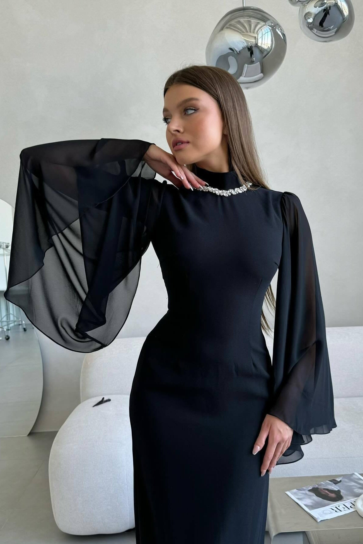Clara Rhinestone Neck Flare Sleeve Midi Gown