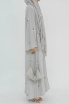 Floral Embroidered Abaya & Hijab Set-Grey
