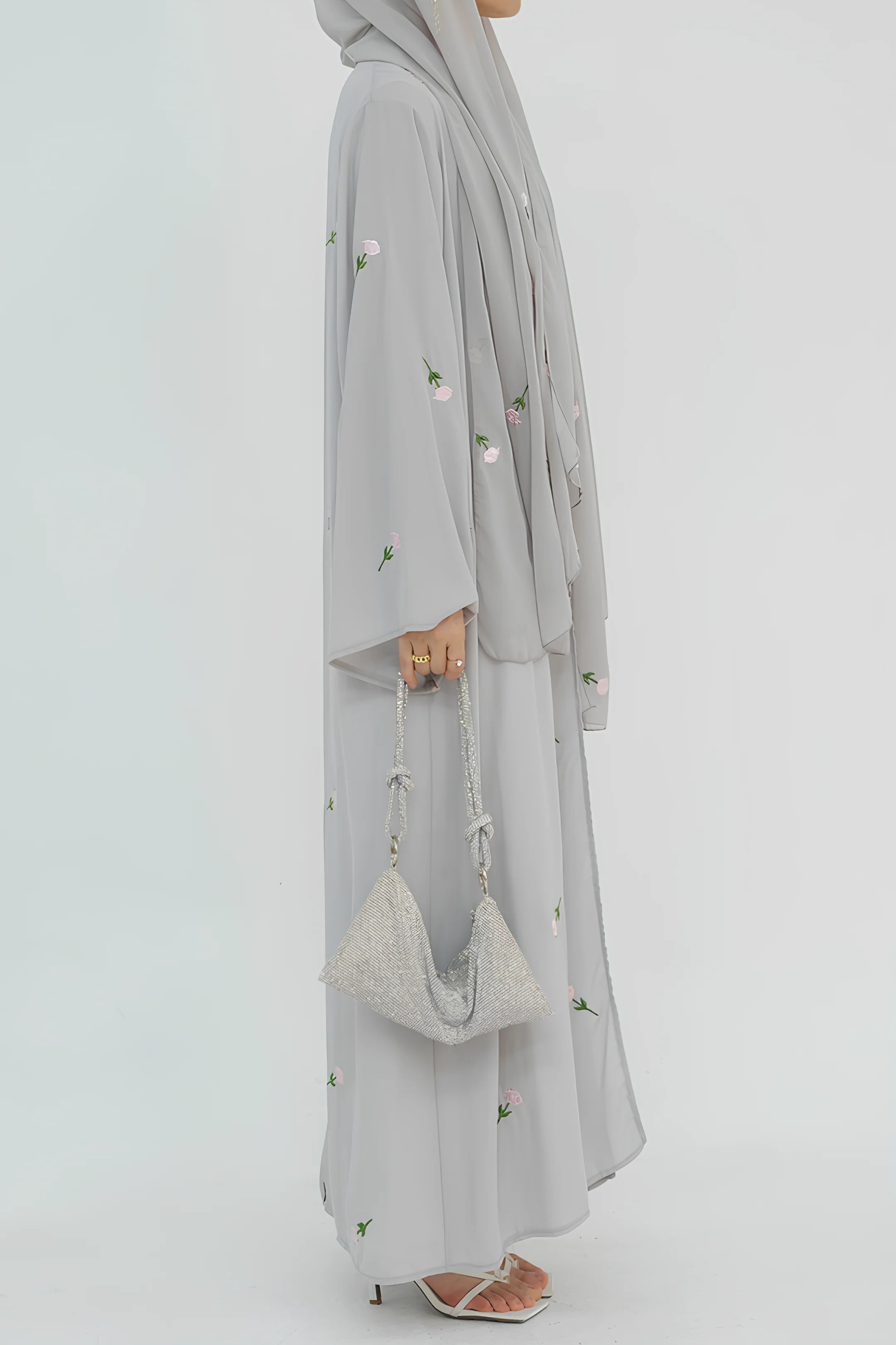 Floral Embroidered Abaya & Hijab Set-Grey