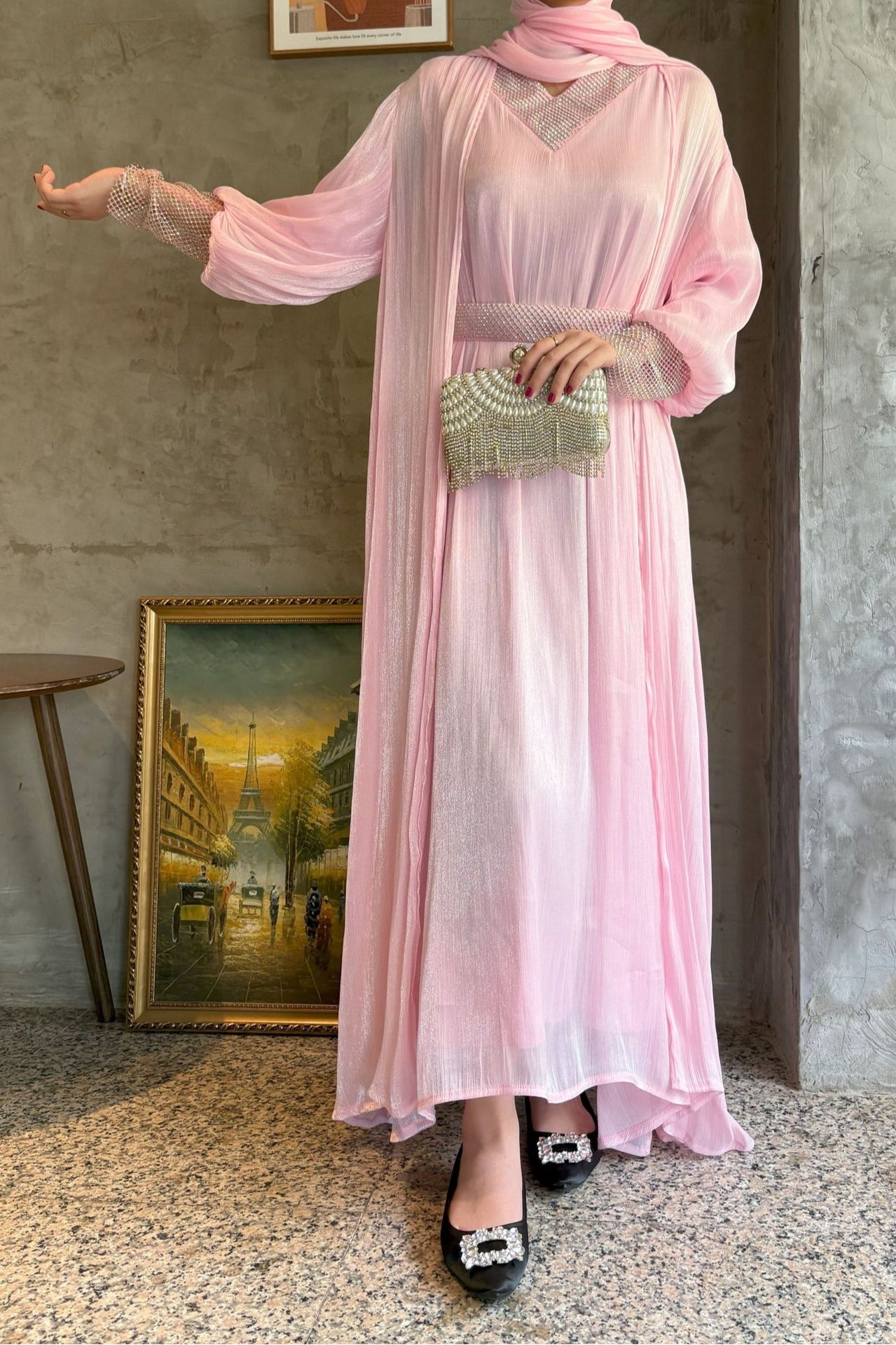 Sara Rhinestone Cuff Two-Piece Abaya-Pink