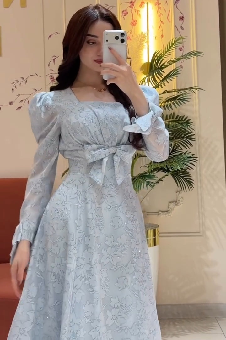 Elara Bow Floral Puff Sleeve Midi-Blue
