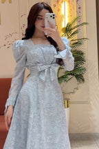 Elara Bow Floral Puff Sleeve Midi-Blue