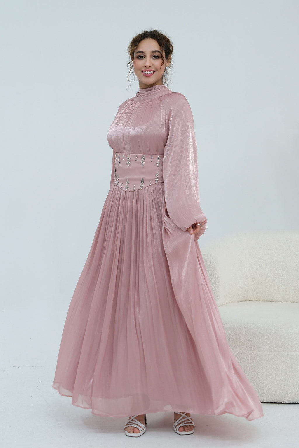 Rania Beaded Waist Shimmer Maxi-Pink