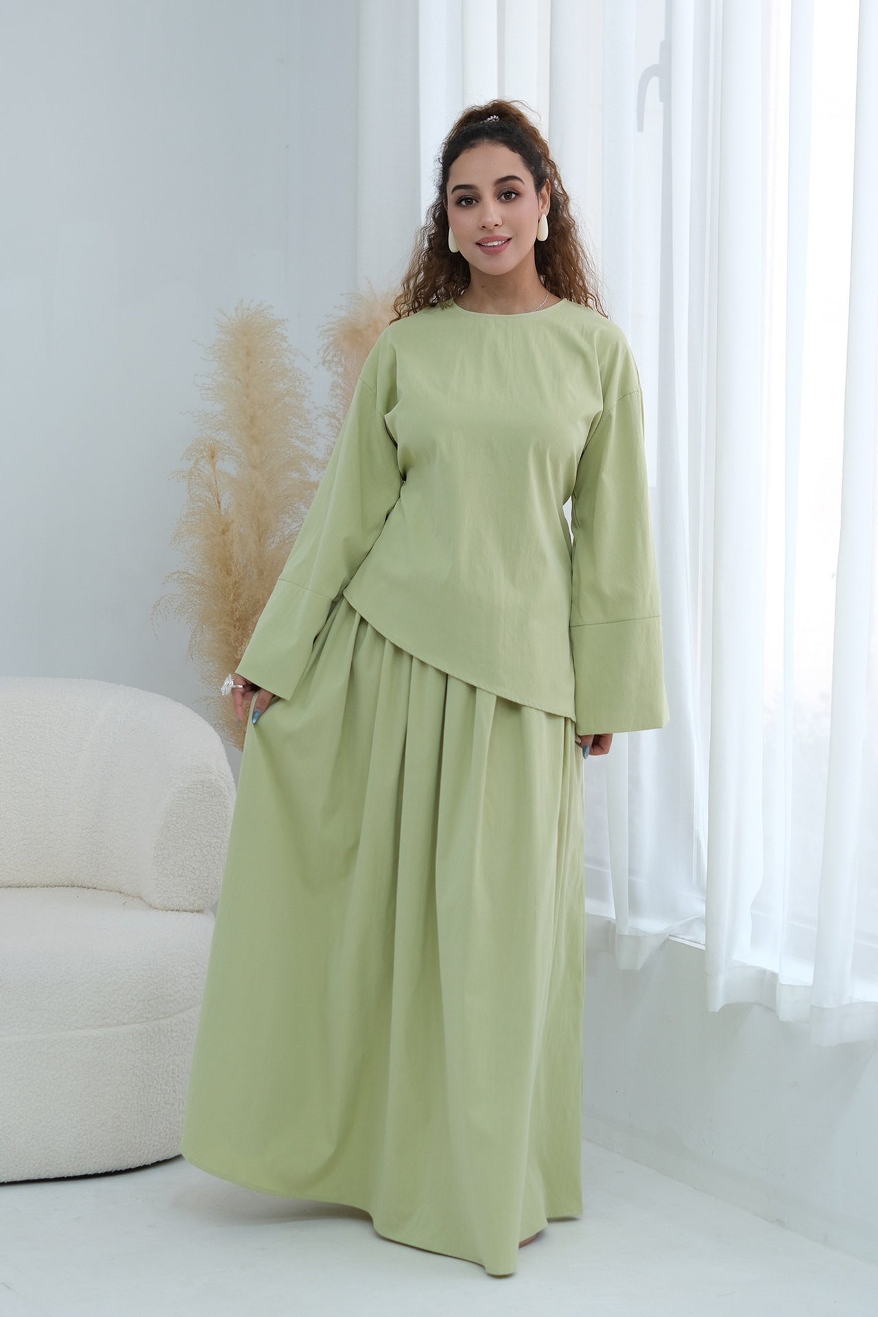 Zahra Asymmetrical Two Piece Maxi Set-Green