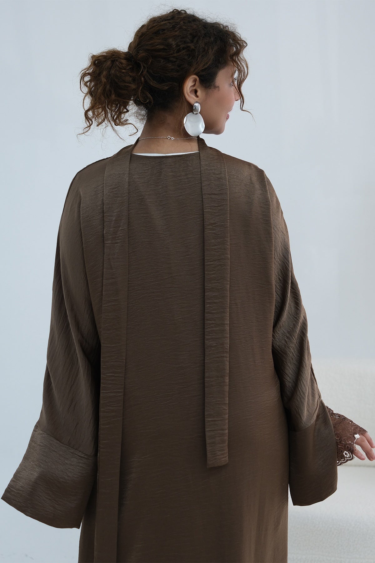 Basma Lace Cuff Stand Collar Long Abaya-Coffee