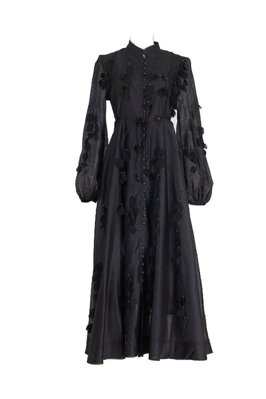 Amara Petal Applique Tie Waist Midi-Black
