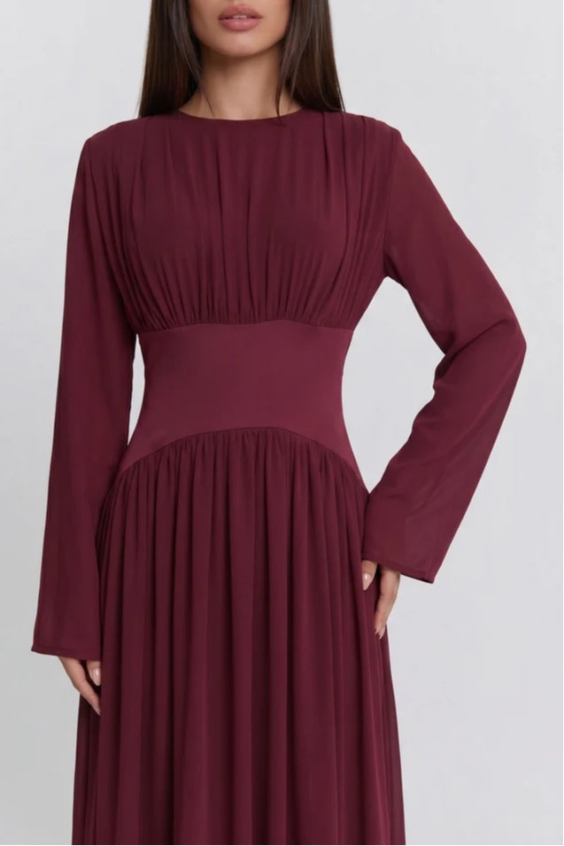 Iris Gathered Waist Flare Sleeve Maxi Dress-Wine