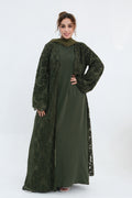 Nurul Floral Lace Open Front Long Abaya-Green