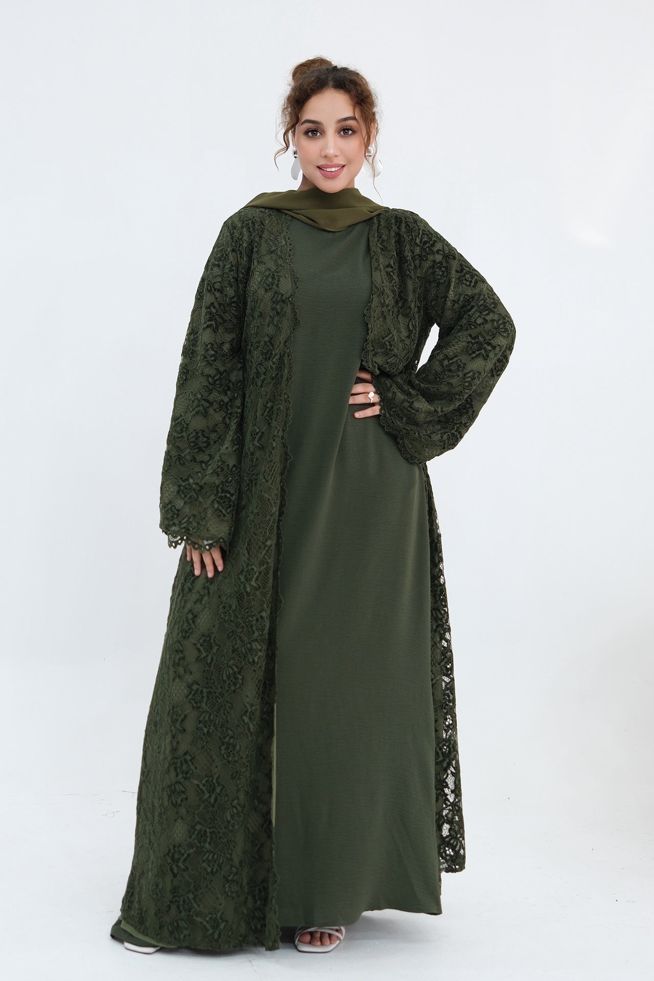 Nurul Floral Lace Open Front Long Abaya-Green