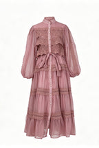 Lulu Lace Tiered Tie Waist Midi-Pink