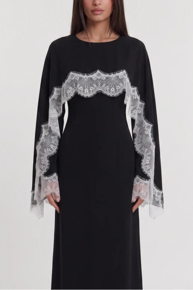 Lace-Trimmed Cape Overlay Modest Maxi Dress-Black