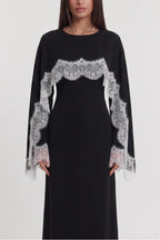 Lace-Trimmed Cape Overlay Modest Maxi Dress-Black