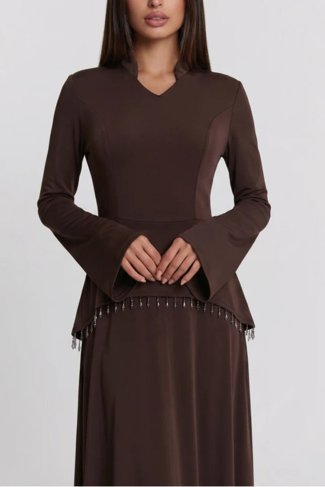 Nur V Neck Beaded Two Piece Abaya-Brown