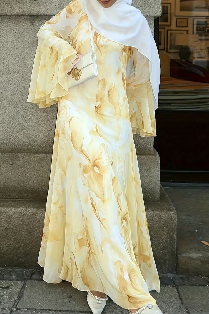 Yara Watercolor Ruffle Flare Maxi Dress-Yellow