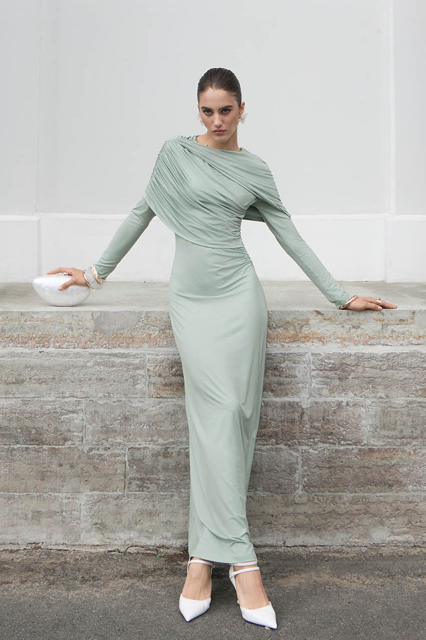 Draped Long-Sleeve Maxi Dress-Green