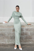 Draped Long-Sleeve Maxi Dress-Green