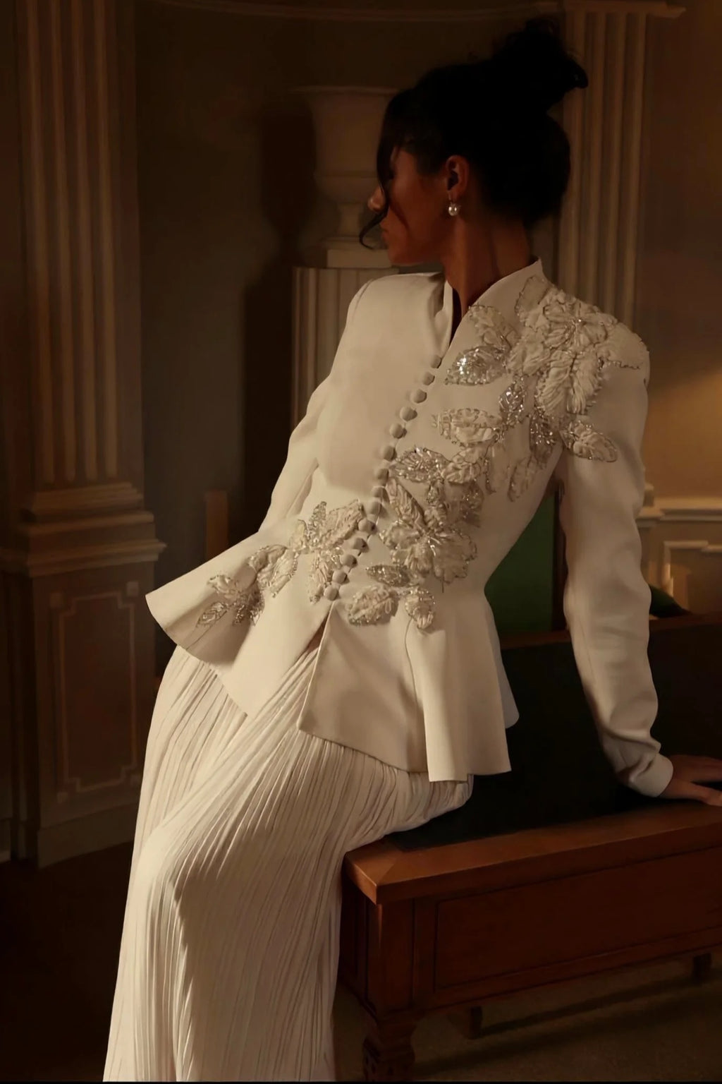 Embellished Peplum Jacket & Pleated Skirt Two-Piece Set-White
