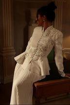 Embellished Peplum Jacket & Pleated Skirt Two-Piece Set-White