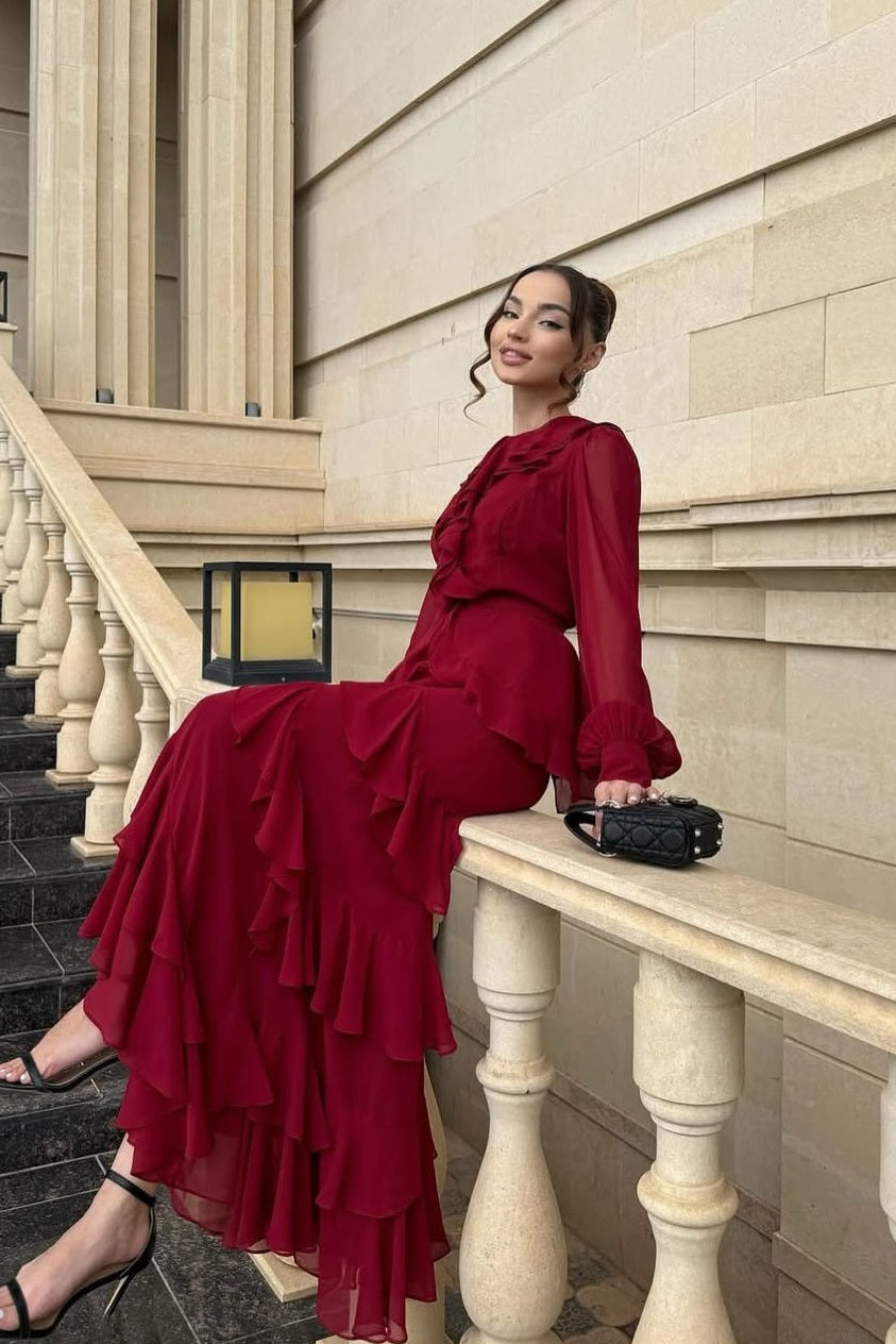 Elegant Ruffled Tiered Maxi Gown-Red