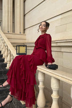 Elegant Ruffled Tiered Maxi Gown-Red