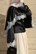 Lace-Trimmed Satin Modest Cape Blouse-Black