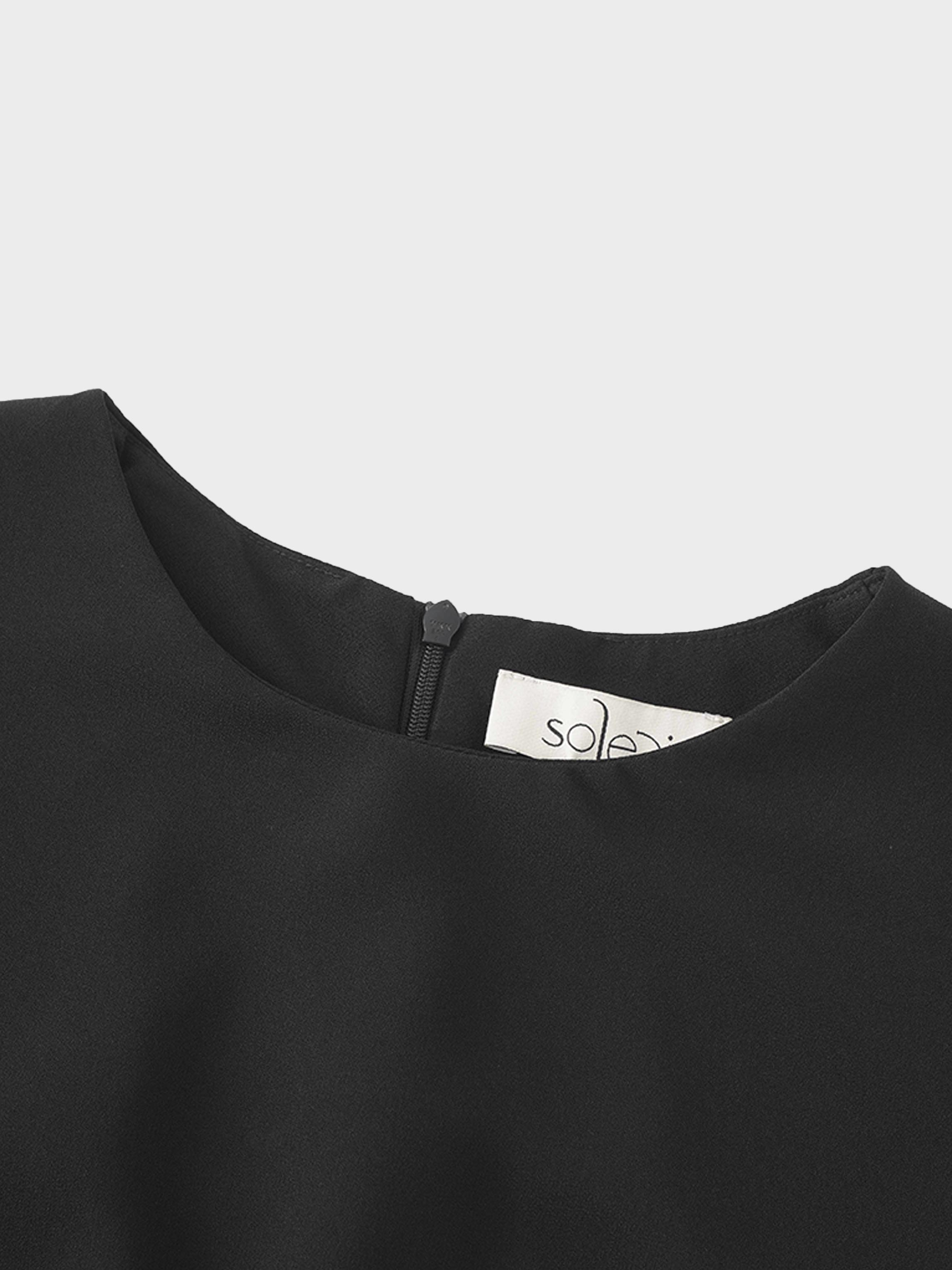 Faux Satin Crew Neck Slip Dress-Black