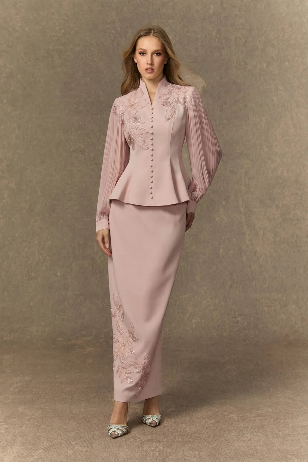 Diana Embroidered Peplum Skirt Set-Pink