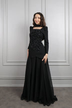 Elif Choker 3D Floral Peplum Maxi Dress-Black