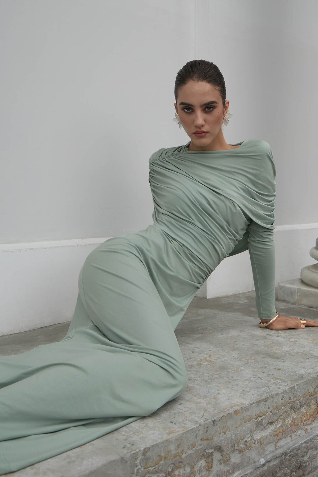 Draped Long-Sleeve Maxi Dress-Green