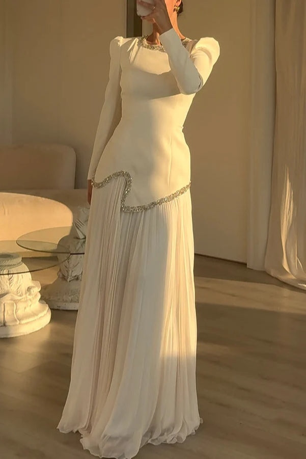 Emily Rhinestone Pleated Maxi Dress-White