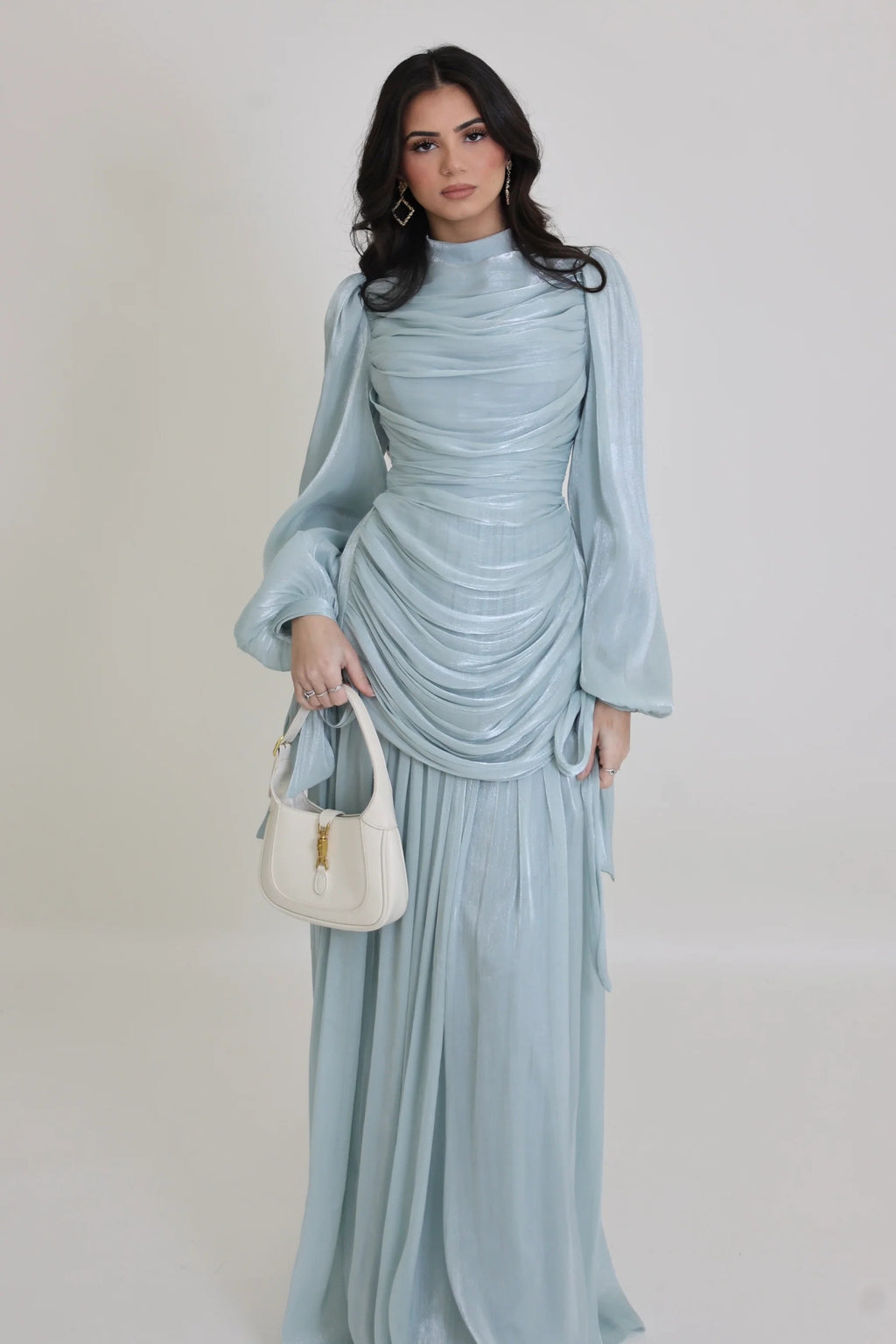 Dina Tie Cuff Draped Pleated Maxi Dress-Blue