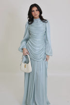 Dina Tie Cuff Draped Pleated Maxi Dress-Blue