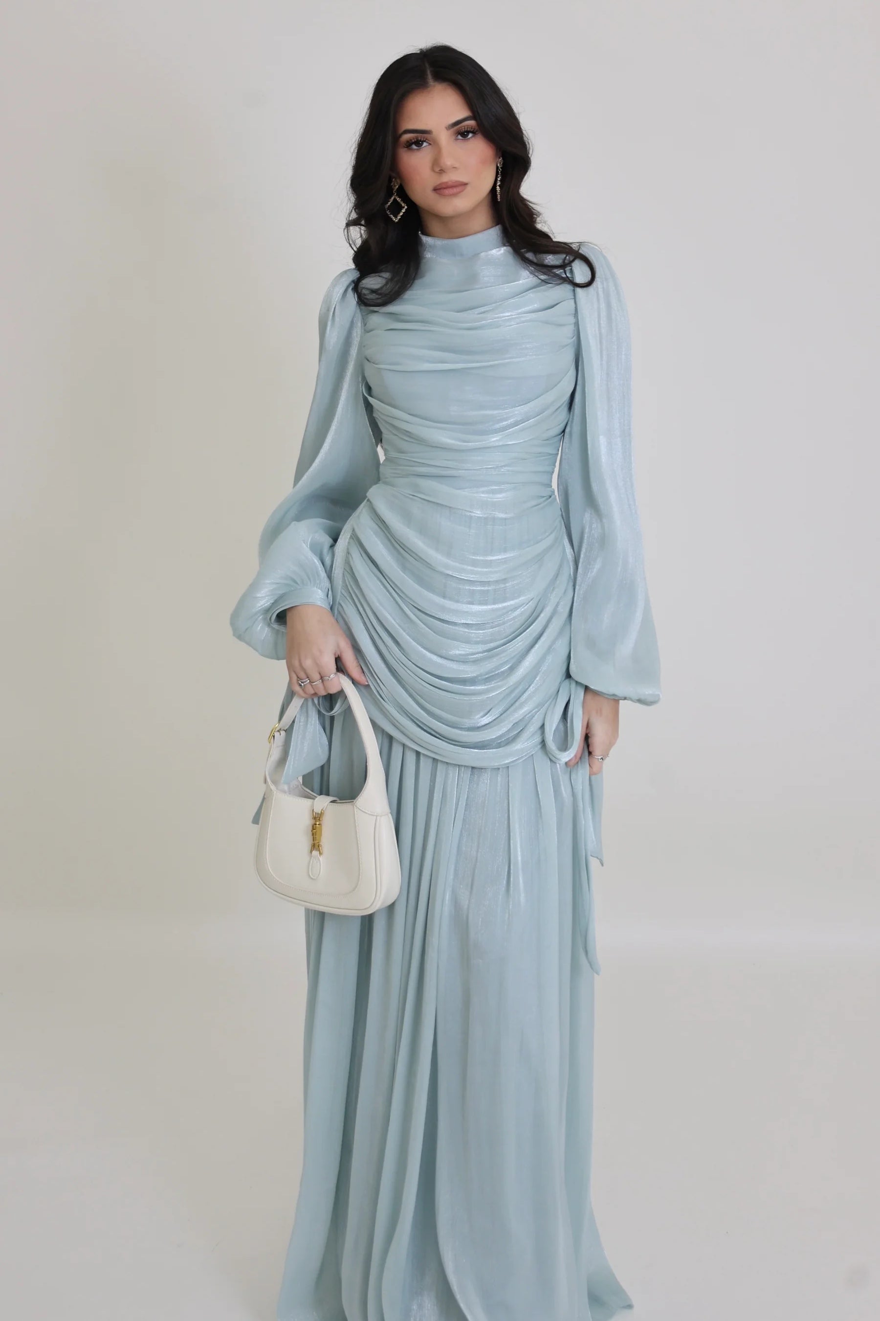Dina Tie Cuff Draped Pleated Maxi Dress-Blue