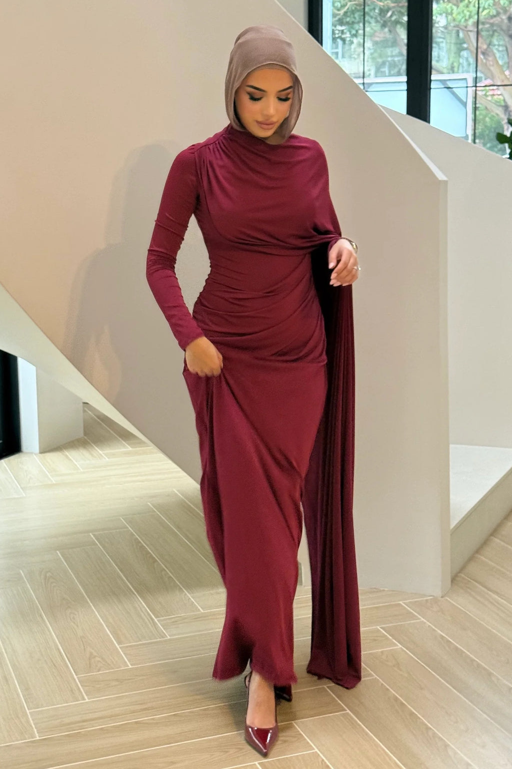 Wrapped Shroud Neck Ruched Maxi Dress
