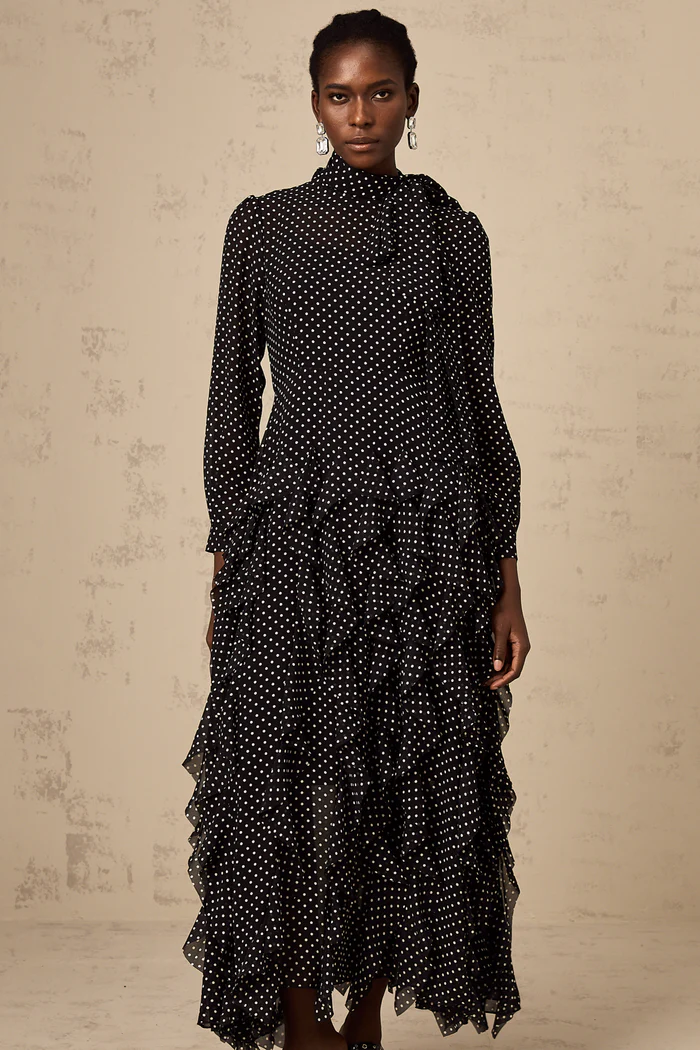 Polka Dot Mock-Neck Midi Dress-Black