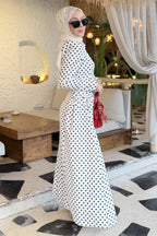 Luna Shoulder Puff Polka Dot Midi Dress-White
