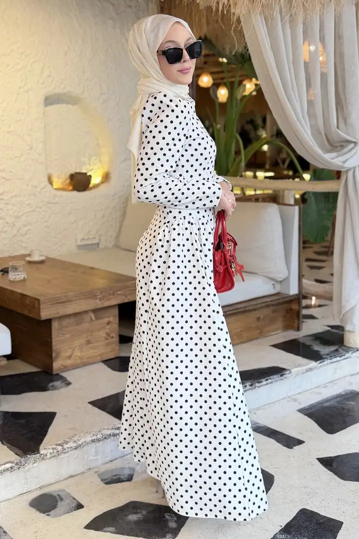 Luna Shoulder Puff Polka Dot Midi Dress-White