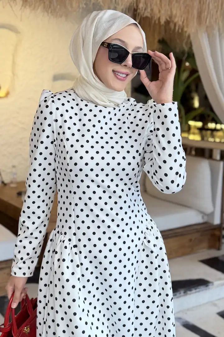 Luna Shoulder Puff Polka Dot Midi Dress-White