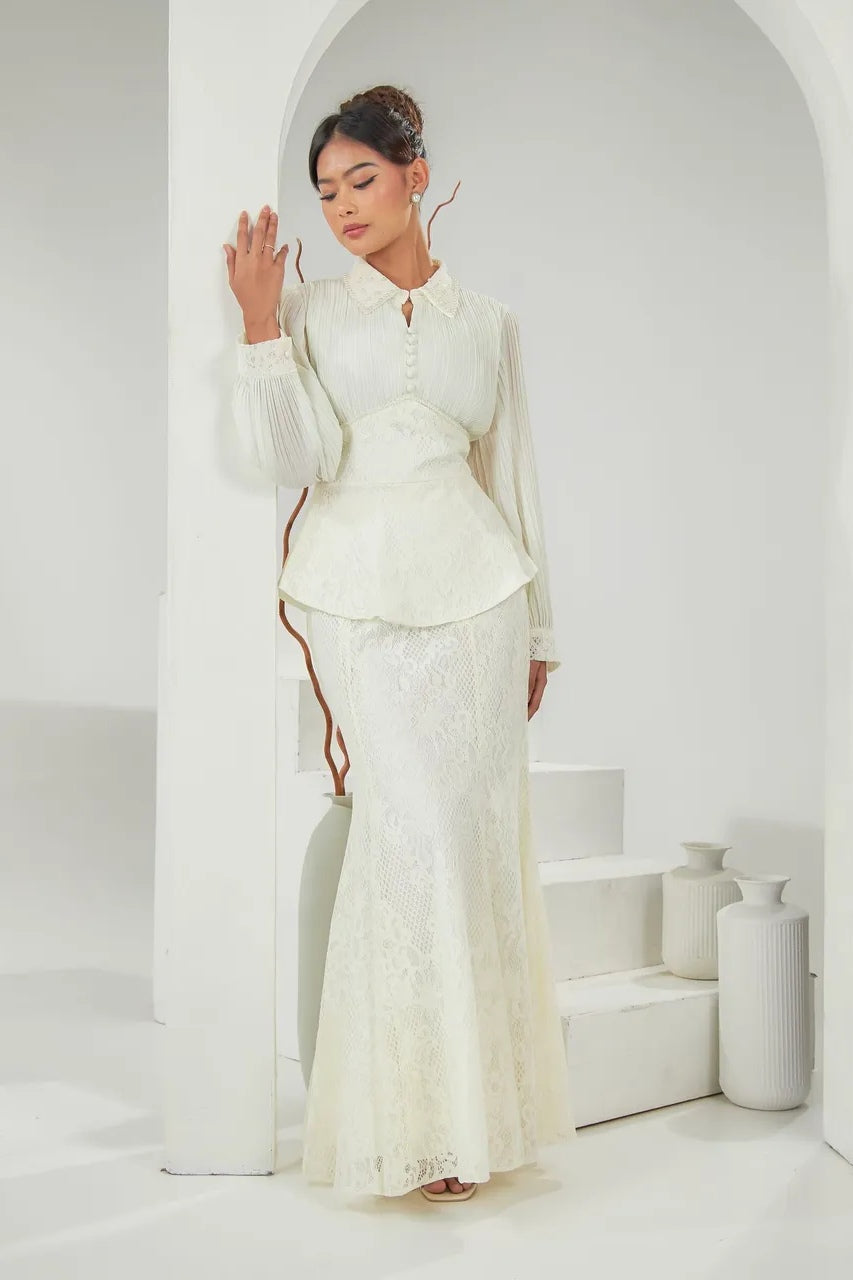 Chloe Pleated Lace Peplum Skirt Set-White