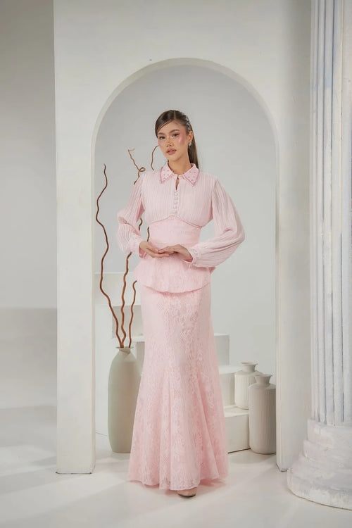 Chloe Pleated Lace Peplum Skirt Set-Pink