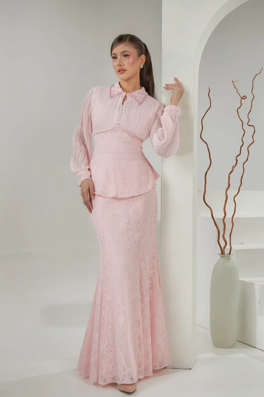 Chloe Pleated Lace Peplum Skirt Set-Pink