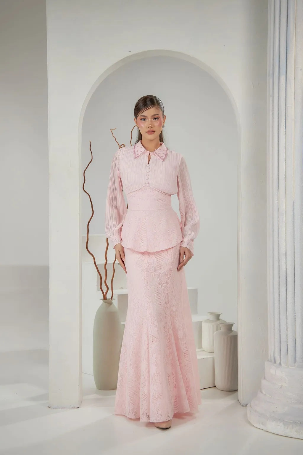 Chloe Pleated Lace Peplum Skirt Set-Pink