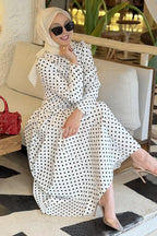 Luna Shoulder Puff Polka Dot Midi Dress-White