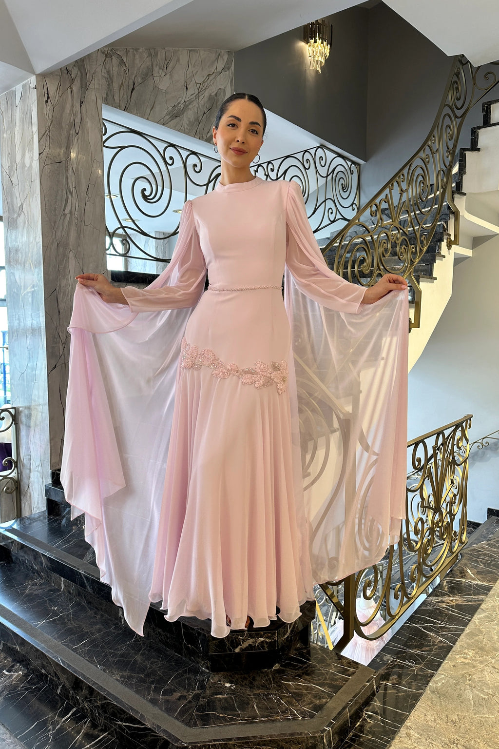 Elara Cape-Sleeve Embellished Mermaid Dress-Pink