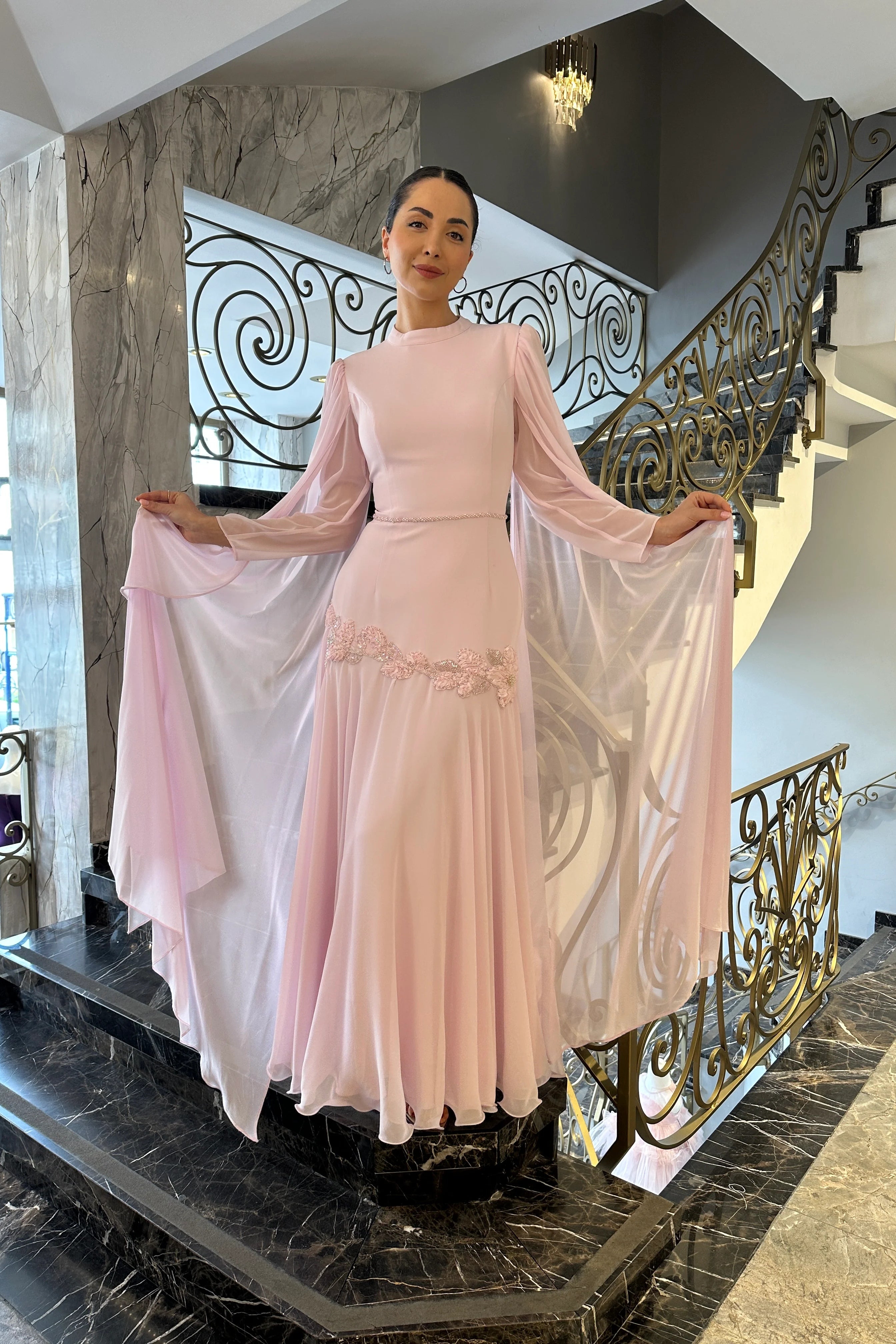 Elara Cape-Sleeve Embellished Mermaid Dress-Pink