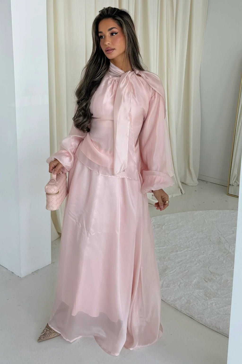 Luminous Organza Tie Neck Maxi Dress-Pink
