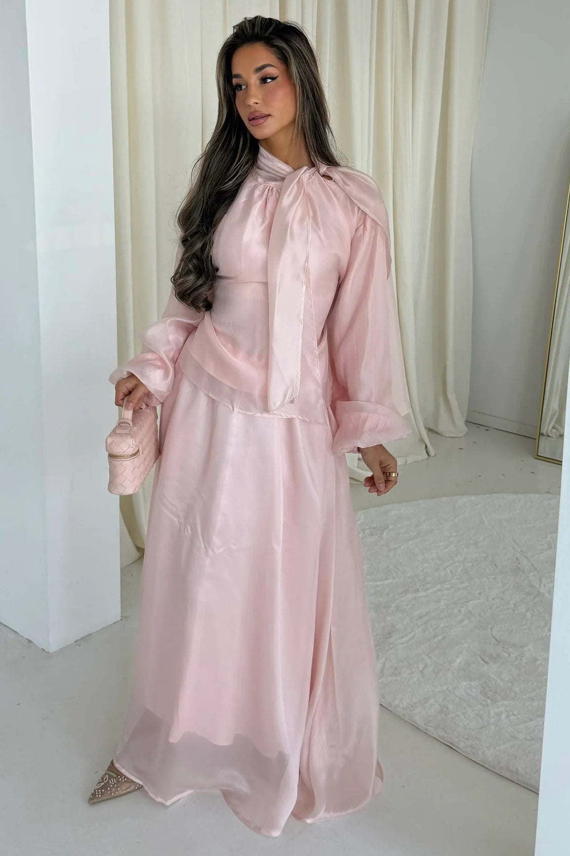 Luminous Organza Tie Neck Maxi Dress-Pink