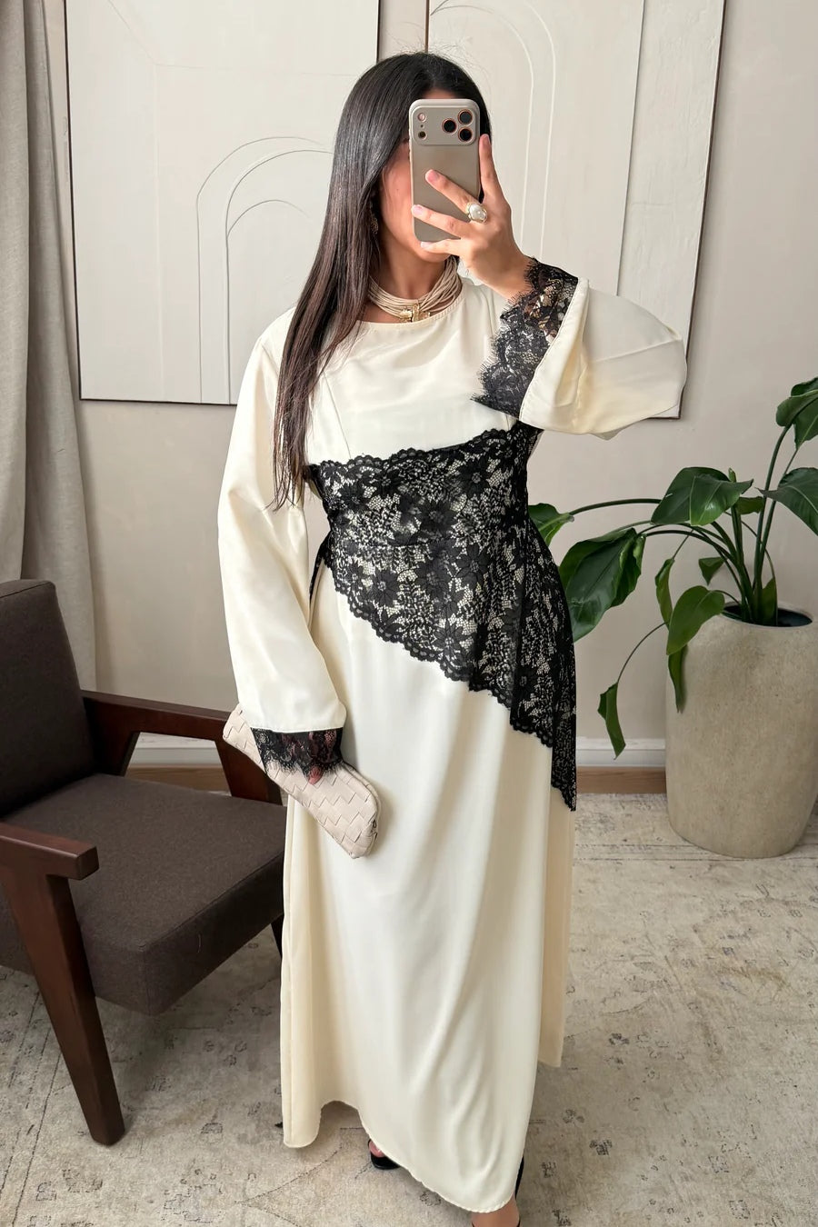 Asymmetric Lace-Trimmed Maxi Dress-Apricot